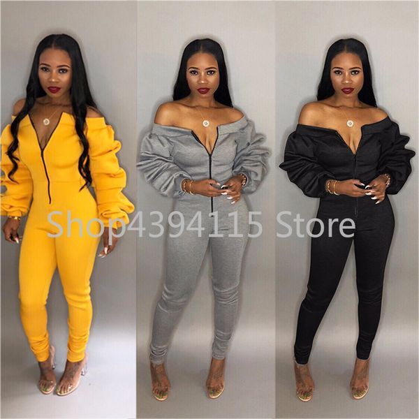 Jumpsuit Zipper Front Slash Neck Off Shoulder Long Puff Sleeve Thick Romper Fashion Overalls Female Jumper women bodysuit