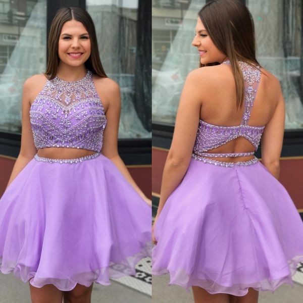 Cheap Lilac Two Pieces Beaded Homecoming Dresses Jewel Neck Sequined Short Prom Gowns Organza Custom Made Cocktail Party Dress