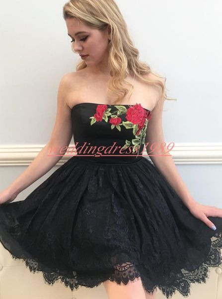Modest Strapless Lace Homecoming Dresses Plus Size Litter Black Dress Party Prom Sleeveless Arabic Knee Length Cocktail Graduation Club Wear