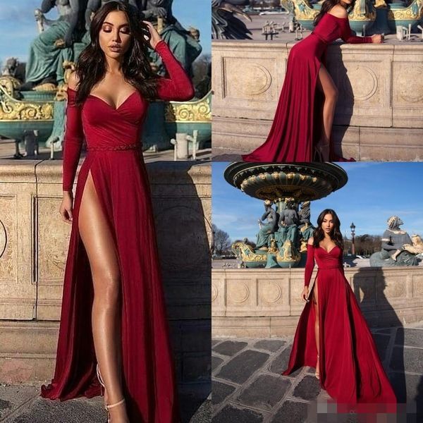 Sexy Dark Red High Split Prom Dresses Off the Shouder Chiffon Ruched Pleats Side Slit Long Sleeves Custom Made Evening Gown Formal Wear