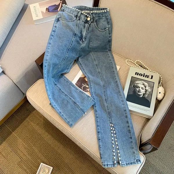 Jeans Pinned Bead High Waist Split Jeans for Women 2023 Spring Autumn New Style Straight Tube Thin Flared Pants Trend