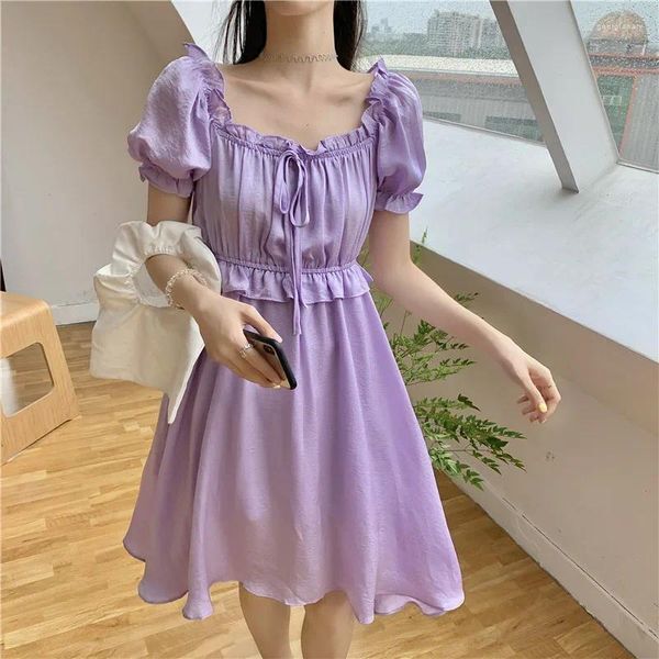 Party Dresses Wooden Ear Dress Korean Women&#039;s Summer Waist And Thin Shirring Square Neck Puff Sleeve Ruffled Mini Short Solid Color