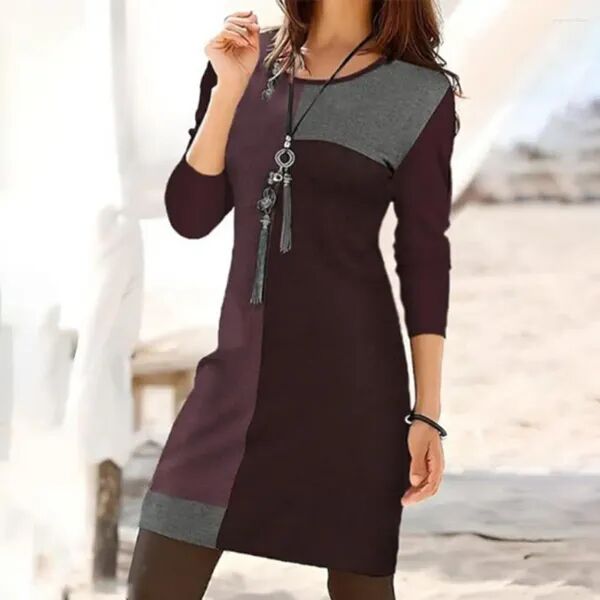 Casual Dresses Women Long Sleeve Dress Geometric Round Neck Spring For Soft Loose Pullover Mini Color Matching