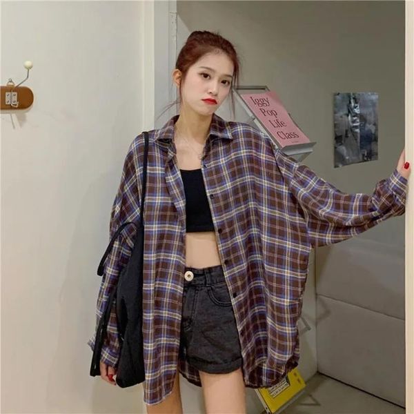 Shirts Retro French plaid shirt jacket women&#039;s early autumn longsleeved design sense niche tops allmatch students loose