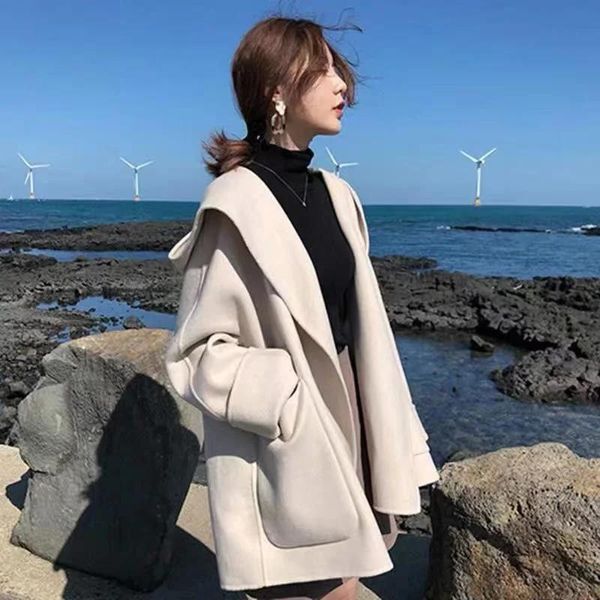 Blends Women Coat Jacket For Autumn Winter Hooded Woolen Coat Elegant Solid Long Sleeve Chic Pocket Windbreaker Ladies Overcoat 2022