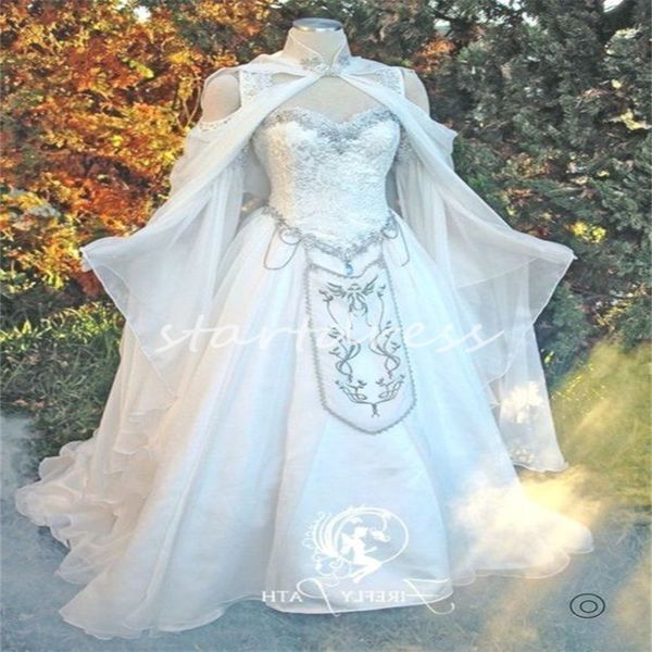 Celtic Medieval Wedding Dresses Elven Cape Hood Fairy Long Sleeves Lace Embroidery Renaissance Bridal Gowns Fantasy Victorian Bride Gown Elf Robe De Mariee 2024