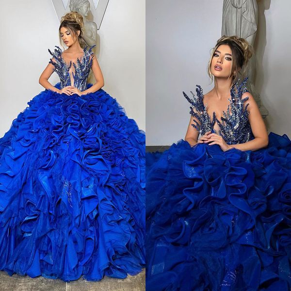 Gorgeous Women Evening Dresses Spaghetti Strap Sleeveless Prom Gowns Sequins Beads Tiered Ruffle Ball Gown For Party Custom Made Robe De Soiree