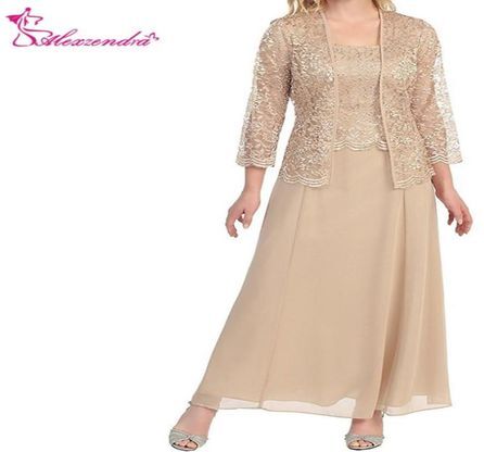 ankle Length Chiffon Champagne Mother of Bride Dress with Lace Jacket two pieces 34 sleeves Elegant Prom Dress Plus Size Party Dr3408202