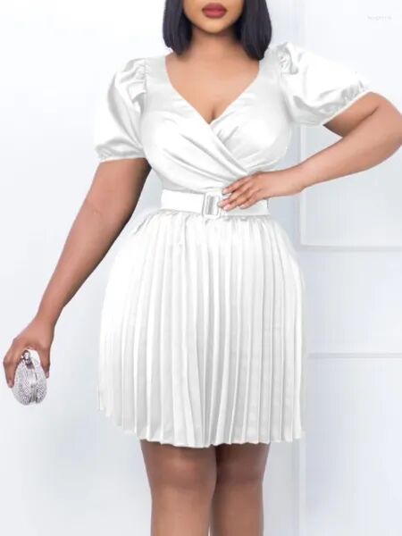 Ethnic Clothing Summer V-neck Pleated Mini Dress African Dresses For Women 2024 In Evening Party High Waist Robe Femme Plus Size Ladies Belt