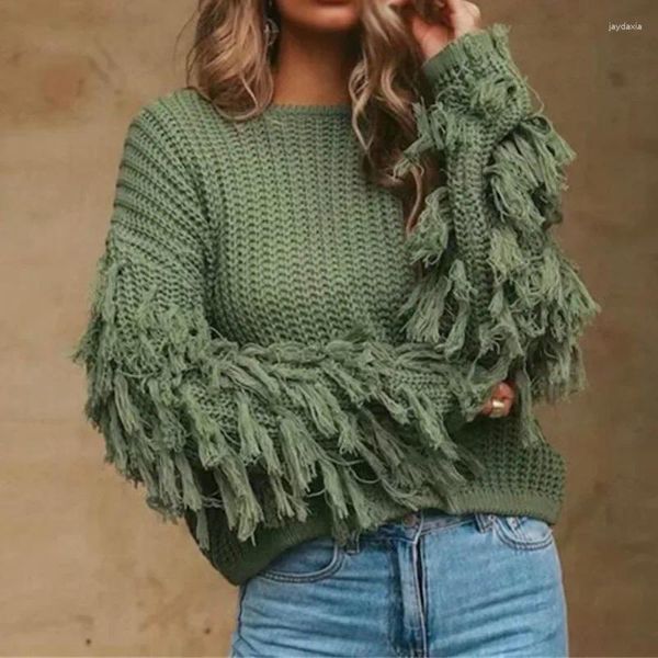 Women&#039;s Sweaters Winter Round Neck Loose Long Sleeve Pullover Ladies Sexy Shoulder Fringed Sweater Top Vintage Clothes 2024 Women Knitted