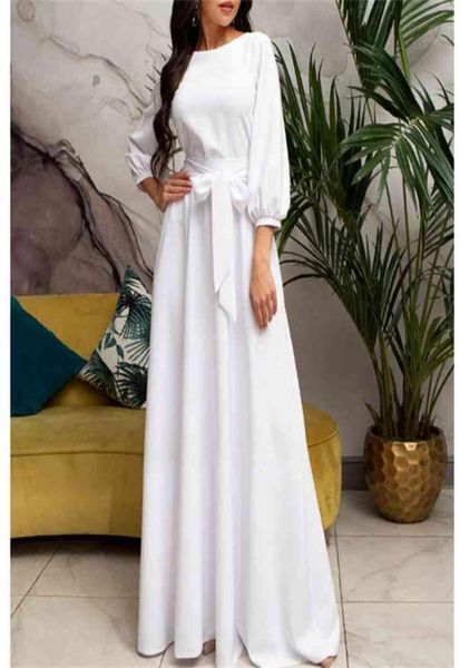 Women Maxi Dress O Neck Long Lantern Sleeve High Waist with Belt Elegant Celebrate Prom Classy Robes Gowns Female Vestidos 2105135847378