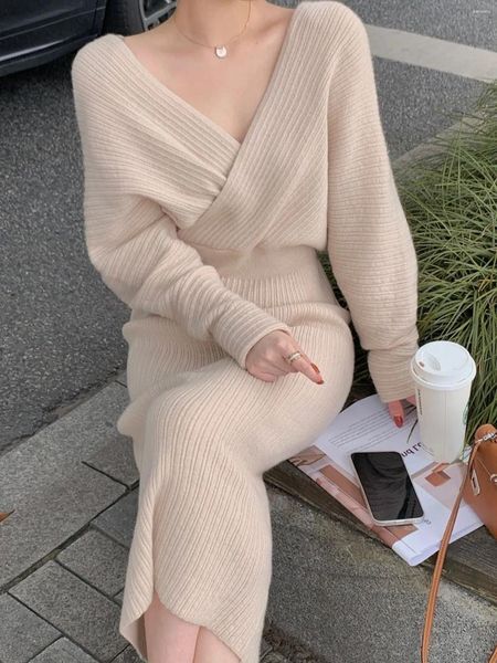 Casual Dresses Women Autumn Spring Sweater Knitted Bandge Female Fashion Elegant Long Sleeve Robe