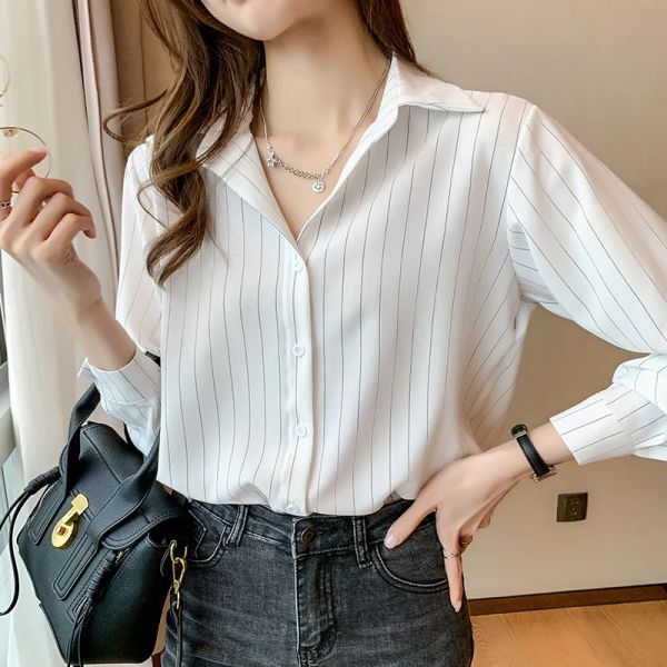 Shirt Fashion Woman Blouses 2023 Chiffon Long Sleeve Shirt Tops Woman White Blouse Shirts Striped Top Pretty and Cheap Women&#039;s Blouses