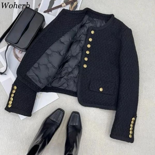 Women Clothing Temperament Jackets Oneck Long Sleeve Tweed Jacket Crop Tops Ropa Mujer Fashion Vintage Thicked Korean Coat 240226