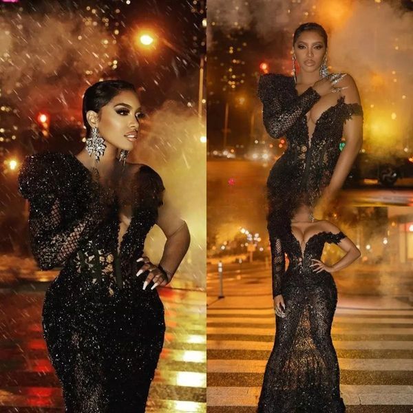 2024 Sparkly Black Mermaid Prom Dresses Arabic African Lace Sequined Single Long Sleeve Women Plus Size Formal Evening Gowns