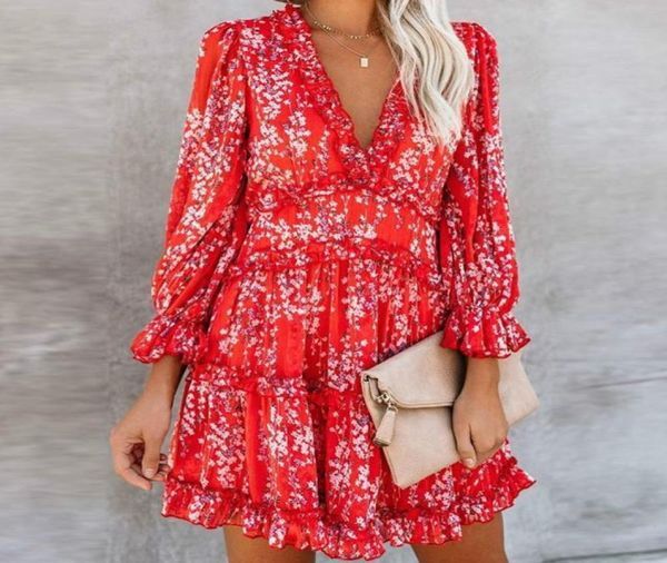 women dresses Sexy vneck backless dress printed Elegant lantern sleeve ruffle dresses summer holiday mini dress Vestido 20214034571