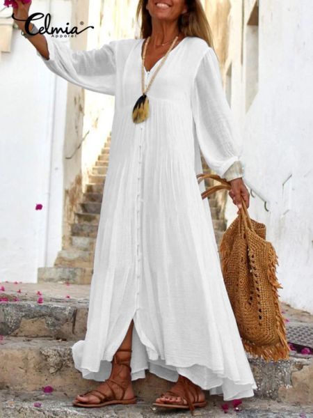 Dress Celmia Women Elegant Puff Sleeve White Dress Bohemian Stitching Buttons Long Robe Ladies Summer Holiday Casual Loose Maxi Dress