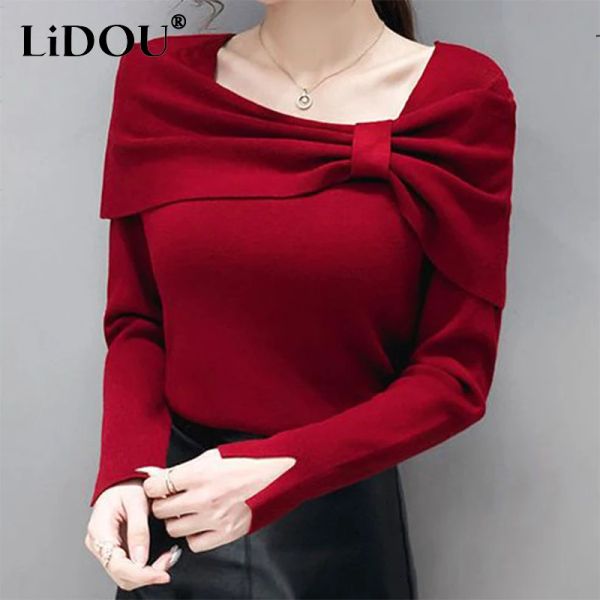 Pullovers Autumn Winter Elegant Fashion Bow Sweater Ladies Slim Solid Color Slit Knitting Pullovers Women&#039;s Vintage Allmatch Jumpers Top