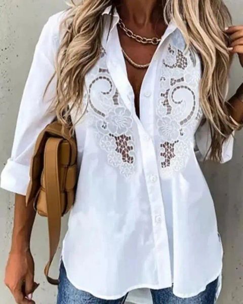 Shirt Fashion Woman Blouses 2023 Spring Contrast Lace Long Sleeve Casual TurnDown Collar Button Down Plain Daily Shirt Woman Clothes