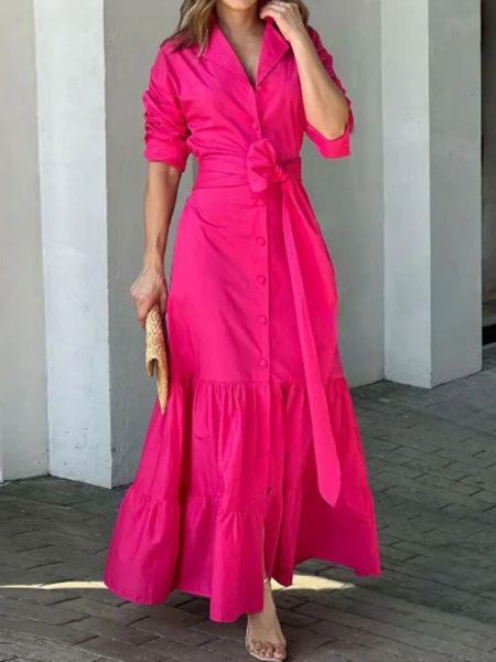 Dress Maxi Dress Hot Pink Dress Casual Cardigan Vneck Lace Up Solid Dress Party Evening Elegant Luxury Celebrity 2023 Summer Clothes