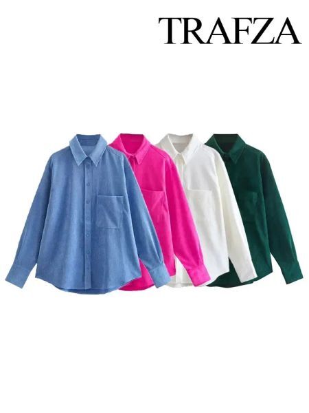 Shirt TRAFZA Autumn Women&#039;s 4 Color Corduroy Casual Shirt Fashion Patch Pocket Long Sleeve Button Loose Shirt Women&#039;s Chic Top