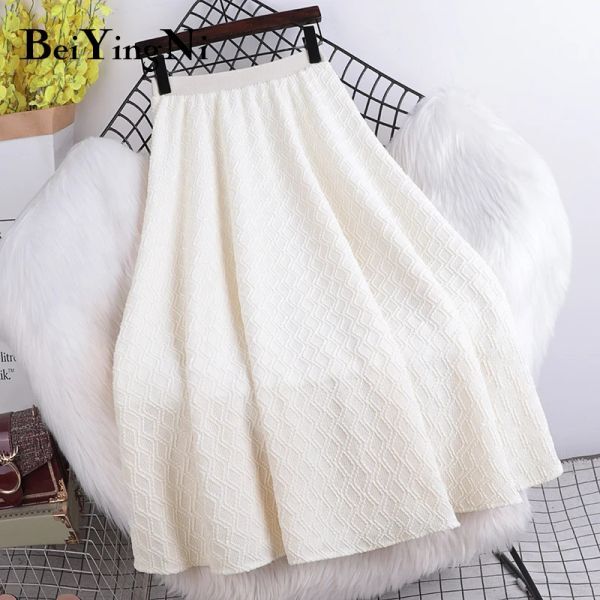 Dresses Beiyingni Stylish Elastic High Waist Midi Skirt Women White Black Bright Silk Korean Sweet Lining A Line Skirts Chic Saia