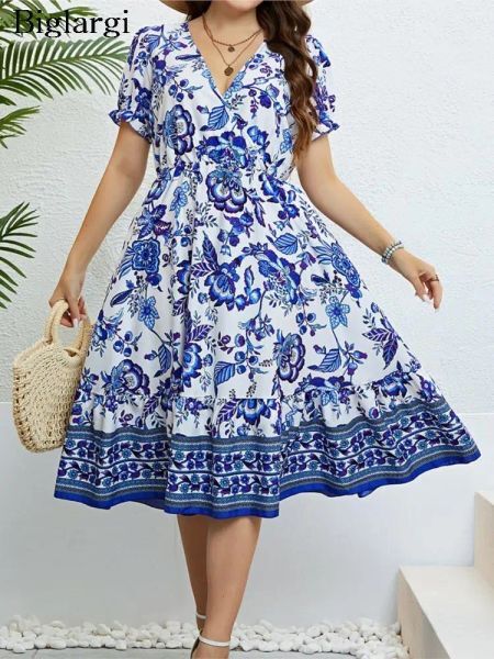 Dresses Plus Size Summer Midi Dress Women Floral Flower Striped Elegant Print Ladies Dresses Casual Fashion Woman Dress 2023