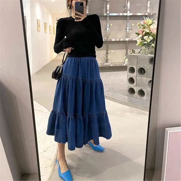 Dresses Plus Size 5xl Loose Long Ing Cake Pleated Skirt Women Autumn Blue Denim Skirt Korean Fashion Simple Vintage Long Skirt