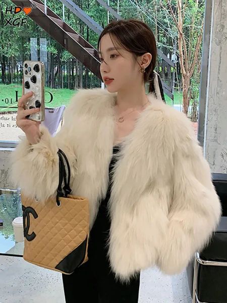 Fur Korean Fashion Thickening Faux Fox Fur Coats For Womens Autumn Winter Vneck Single Breasted Jackets Simple Tops Streetwear New