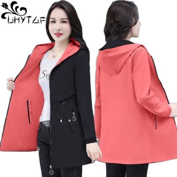 Trench UHYTGF DoubleSided Trench Coat Women Spring Autumn Clothes Hooded Large Size Long Windbreaker Jacket Female Outerwear Tops 2680