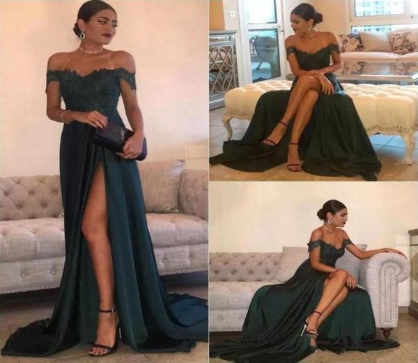 Off the Shoulder Dark Green Appliques Chiffon Long Prom Dresses High Side Split Formal Evening Dress Elegant Pageant Celebrity Par8868717