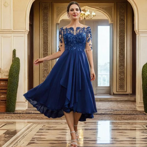 Elegant Tea Length Chiffon Mother Of The Bride Dresses Lace Appliques Half Sleeves Dark Navy A Line Wedding Guest Dress For Women 2024 Plus Size Groom Mom Formal Wear