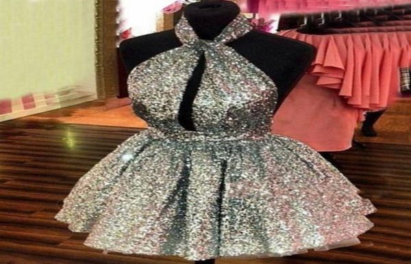 Sparkly Silver Sequined Homecoming Dresses 20162017 Halter Sexy Backless Short Prom Dresses Hollow Front Formal Party Dresses Che3347796
