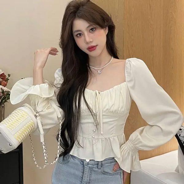 Blouse Elegant Blouse Women Slim Waist Long Sleeve White Blusas De Mujer Square Collar Bandage Crop Tops Fashion Ruffles Korean Blouses