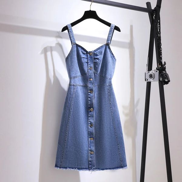 Dresses Plus Size 150Kg Women&#039;s Summer Button Denim Straps Dress Bust 150cm 5XL 6XL 7XL 8XL 9XL Lloose Temperament Suspender Dress Blue