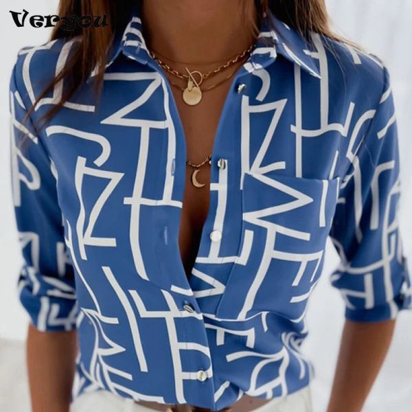 Blouse Autumn Sexy Slim Lapel Letters Print Fashion Women Blouses Casual Long Sleeves Buttons Cardigan Elegant Office Lady Party Shirts