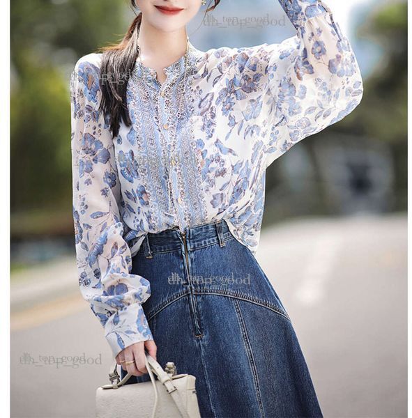 Fashion Tencel Blouse Summer New Slim Retro Elegant Flower Women&#039;s Tops 391