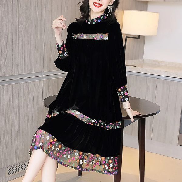 Dress ZUOMAN 2023 Elegant Vintage Floral Black Velvet Midi Dresses Autumn Winter Patchwork 4XL Plus Size Dresses Women Bodycon Party V