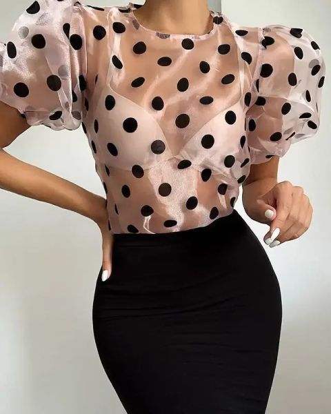 Blouse 2024 Summer Women&#039;s New Mesh Polka Dot Round Neck Pullover Short Sleeve Chiffon Shirt Blouses Plus Size 3XS10XL 9XL 8XL 7XL