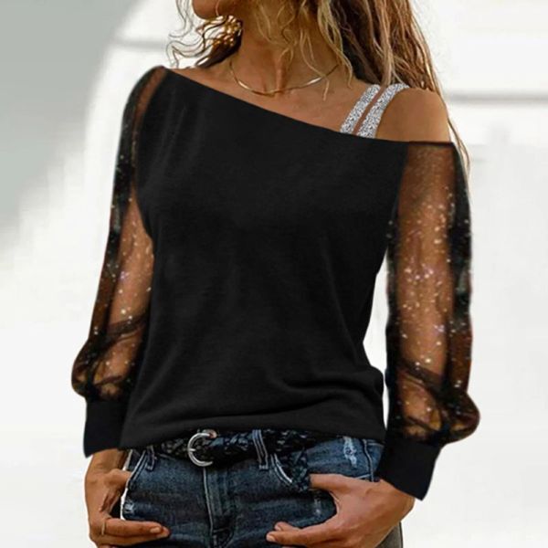 Blouse Women Shirt Sexy Rhinestine Net Yarn Sequin Off Shoulder Party Top Fall Winter Long Sleeve Top Casual Strap Elegant Blouse