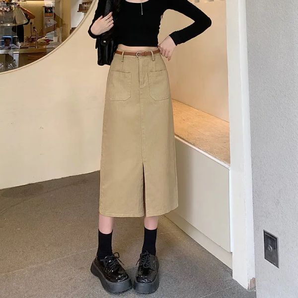 Skirt Split Khaki Skirt for Women Summer Medium Length Straight Tube Hip Wrap Aline Skirt 2023 Streetwear Casual Harajuku