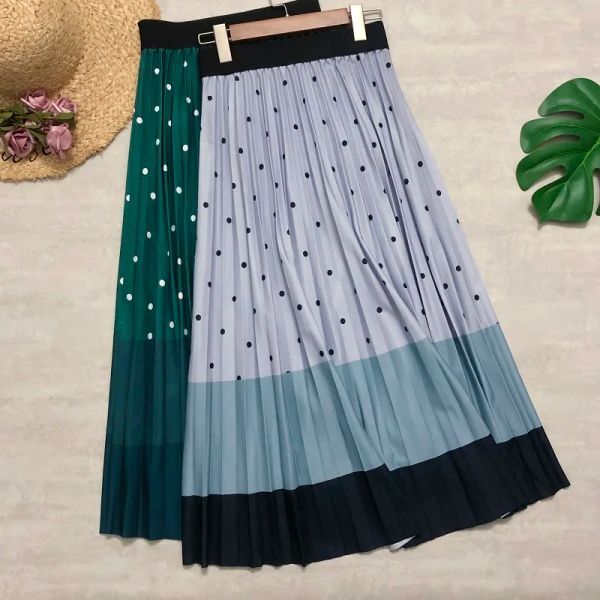 Dresses Women Cotton Long Skirts Polka Dots Printing Patchwork Striped Vintage Midi Skirts Fashion High Waist