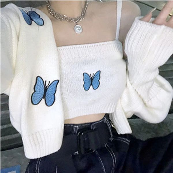 Cardigans Harajuku Butterfly Embroidery Sweater Women Spring And Autumn Sweet Fashion Knitted Black Sexy Button Vintage Cardigan Clothes