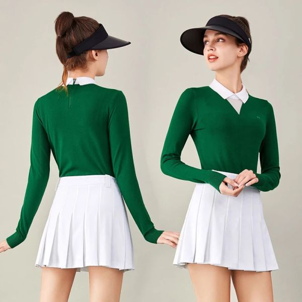 Dresses Fall Winter 2023 Golf Women Wool Top Longsleeved Lapel Shirt Warm Comfortable Sweater Skirt Badminton Tennis Golf Suit