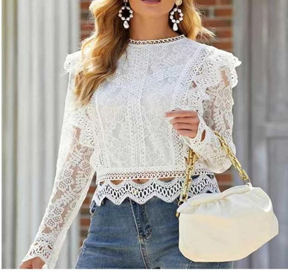 women ladies blouse long sleeve white Lace hollow turtleneck blouse Top Summer Blouses Cap Elegant Blouse for female2770972