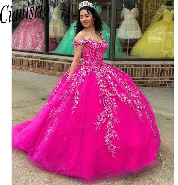 Fuchsia Crystal Beading Off The Shoulder Ball Gown Quinceanera Dresses Sequined Appliques Lace Corset Vestidos De 15 Anos