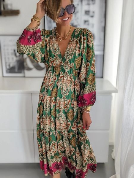 Dress Casual Bohemian Beach Holiday Women&#039;s Dress Vintage Print Autumn VNeck Long Sleeve Elastic Waist Slim Midi Dress For Women&#039;s