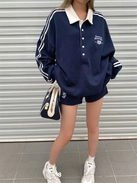 Sets Two Piece Sets Womens Outifits Neck Stripe Long Sleeve Sweater Casual Sports Shorts Solid Womans Clothes 2022 Autumn Sets