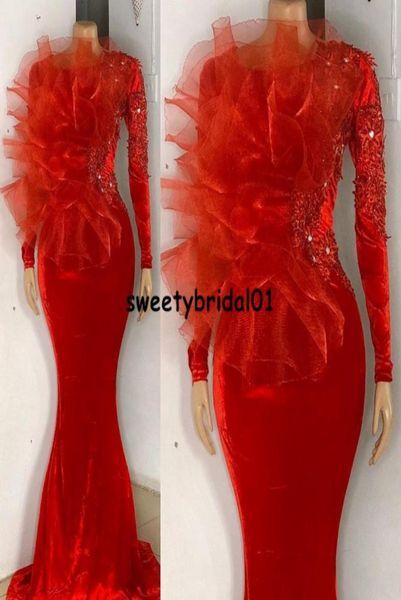 vestidos formale Red Velvet Evening Dresses Woman Party Night Lace African Mermaid Prom Dress Long Sleeves Arabic Party Gowns7564791