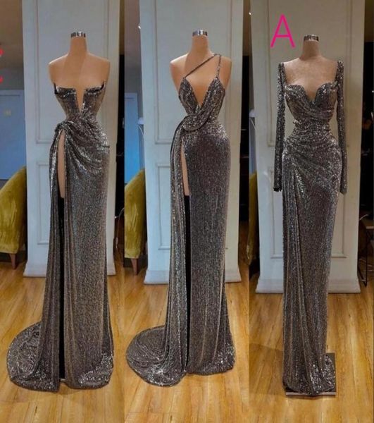 New Arrival Charming Sexy Silver Mermaid Prom Dresses Sequined Long Sleeve High Split Side Formal Evening Gowns robe de soiree Abe1979561